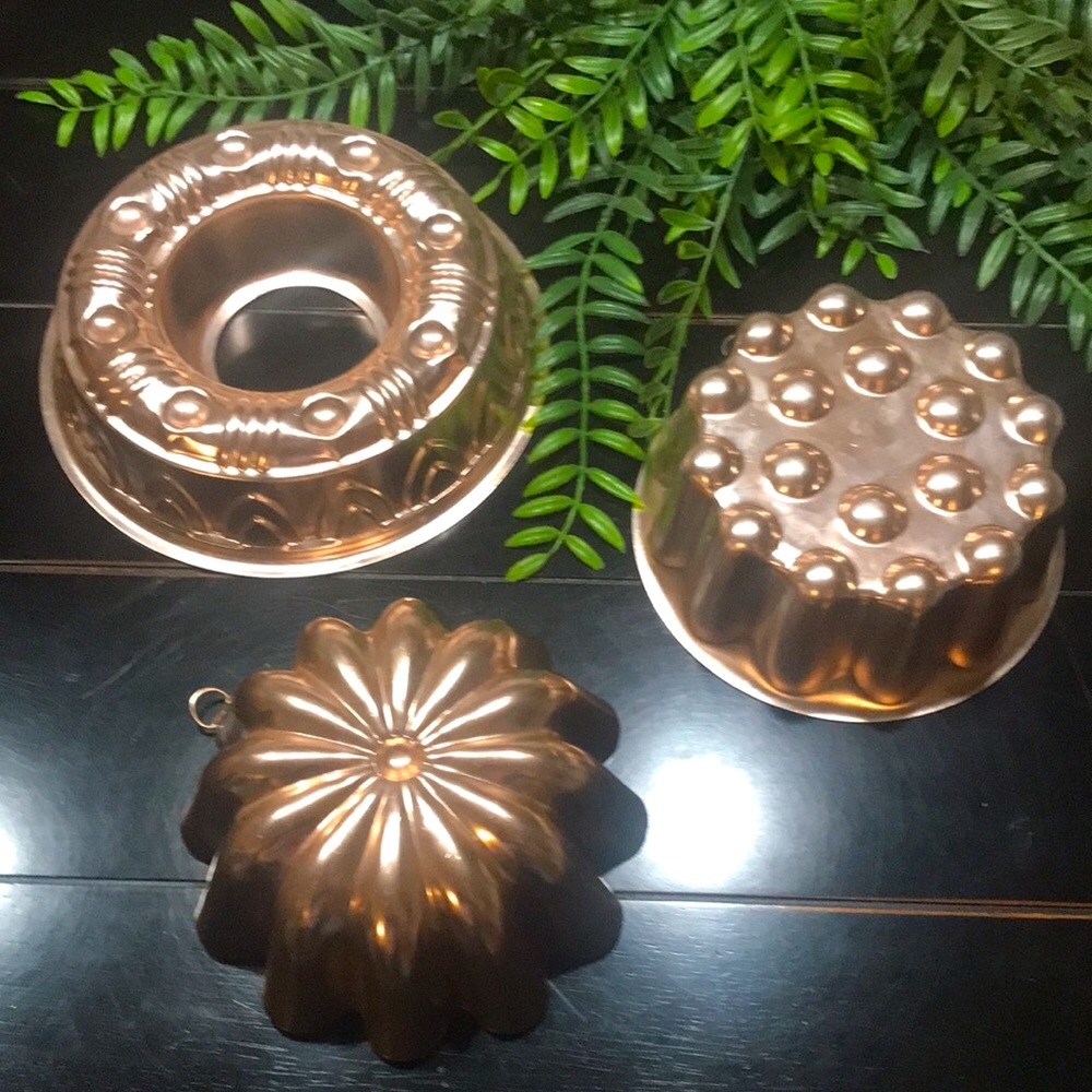 3 vintage copper colored Jell-O molds